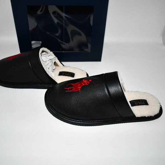 Polo Ralph Lauren Polo Irving Leather Logo Slippers in Black Size:10 #SML4726ARL main image 4
